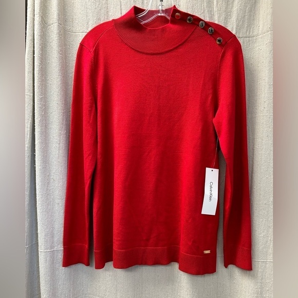 Calvin Klein/ NWT/ Red/ mock Neck with Gold buttons / size M/M - Picture 2 of 12